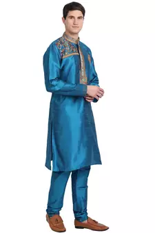 Turquoise embroidered art silk kurta-pajama