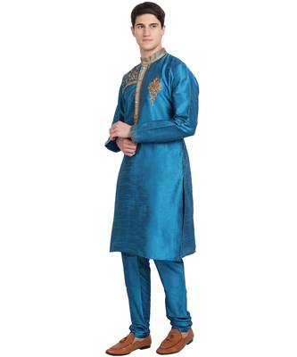 Turquoise embroidered art silk kurta-pajama 3