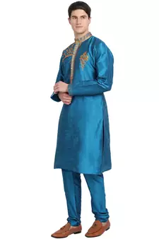 Turquoise embroidered art silk kurta-pajama