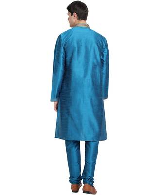 Turquoise embroidered art silk kurta-pajama 4