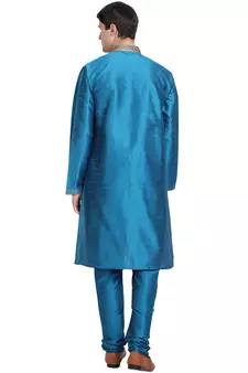 Turquoise embroidered art silk kurta-pajama