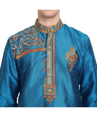 Turquoise embroidered art silk kurta-pajama 5