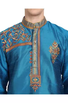 Turquoise embroidered art silk kurta-pajama