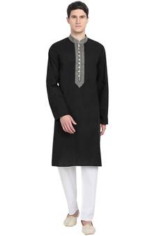 Black embroidered cotton kurta-pajama