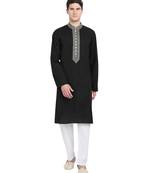 Black embroidered cotton kurta-pajama