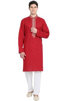Red embroidered cotton kurta-pajama