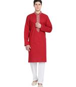 Red embroidered cotton kurta-pajama