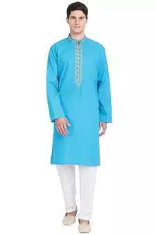 Turquoise embroidered cotton kurta-pajama