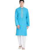 Turquoise embroidered cotton kurta-pajama