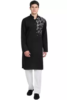 Black embroidered cotton kurta-pajama