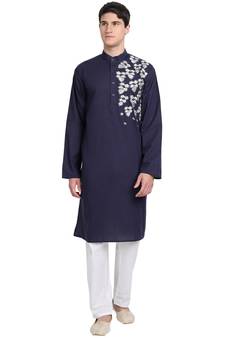 Blue embroidered cotton kurta-pajama