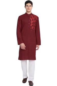 Red embroidered cotton kurta-pajama