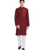 Red embroidered cotton kurta-pajama