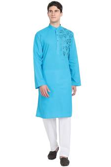 Turquoise embroidered cotton kurta-pajama