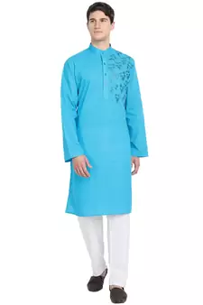 Turquoise embroidered cotton kurta-pajama