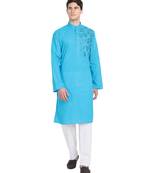 Turquoise embroidered cotton kurta-pajama