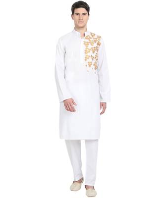 White embroidered cotton kurta-pajama 1