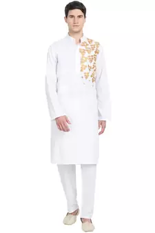 White embroidered cotton kurta-pajama