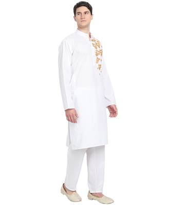 White embroidered cotton kurta-pajama 2