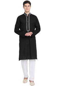 Black embroidered cotton kurta-pajama