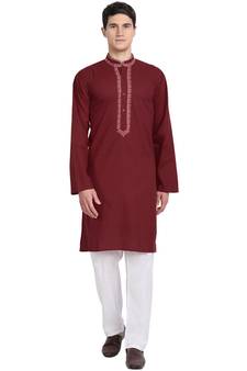 Red embroidered cotton kurta-pajama