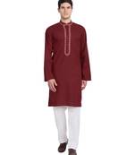 Red embroidered cotton kurta-pajama