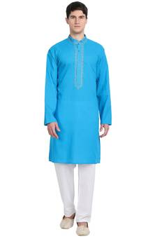 Turquoise embroidered cotton kurta-pajama