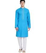 Turquoise embroidered cotton kurta-pajama