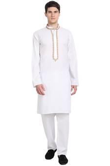 White embroidered cotton kurta-pajama