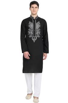 Black embroidered cotton kurta-pajama