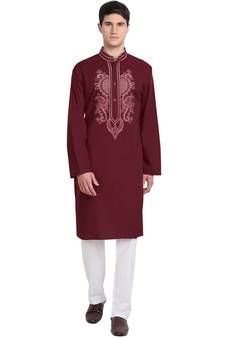 Red embroidered cotton kurta-pajama