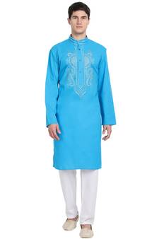 Turquoise embroidered cotton kurta-pajama