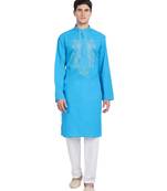 Turquoise embroidered cotton kurta-pajama