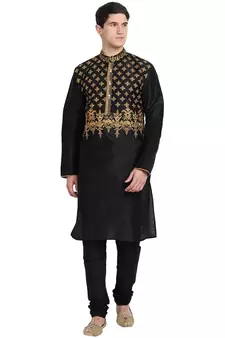 Black embroidered art silk kurta-pajama