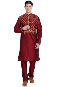 Red embroidered art silk kurta-pajama