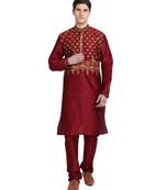 Red embroidered art silk kurta-pajama