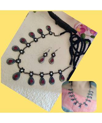 Pink Stone Necklace In Antique Silver Set 1