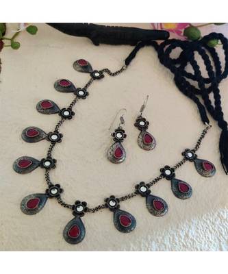Pink Stone Necklace In Antique Silver Set 2