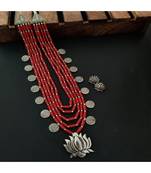 Red Pipe Lotus Pendant Necklace Set