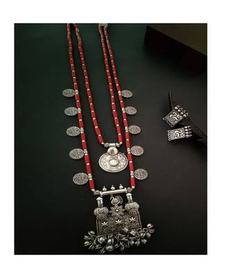 Red Pipe And Silver Coin Necklace Set 2