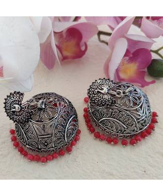German Silver Jhumka In Red Pearl 1