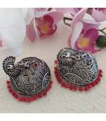 German Silver Jhumka In Red Pearl