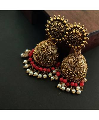 Golden Jhumka In Red and White Pearl 1