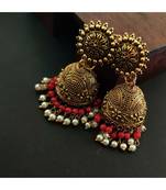 Golden Jhumka In Red and White Pearl