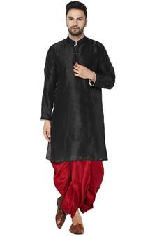 Black plain art dupion silk dhoti-kurta