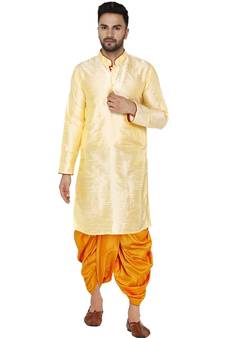Beige plain art dupion silk dhoti-kurta