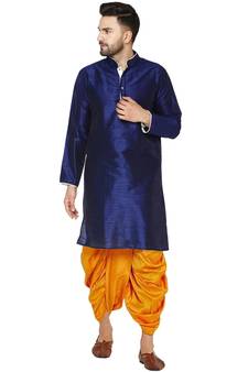 Blue plain art dupion silk dhoti-kurta