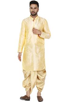 Beige plain art dupion silk dhoti-kurta
