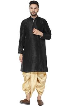 Black plain art dupion silk dhoti-kurta
