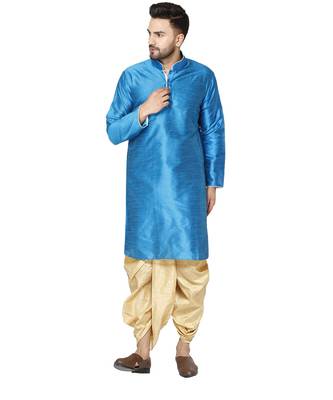 Turquoise plain art dupion silk dhoti-kurta 1